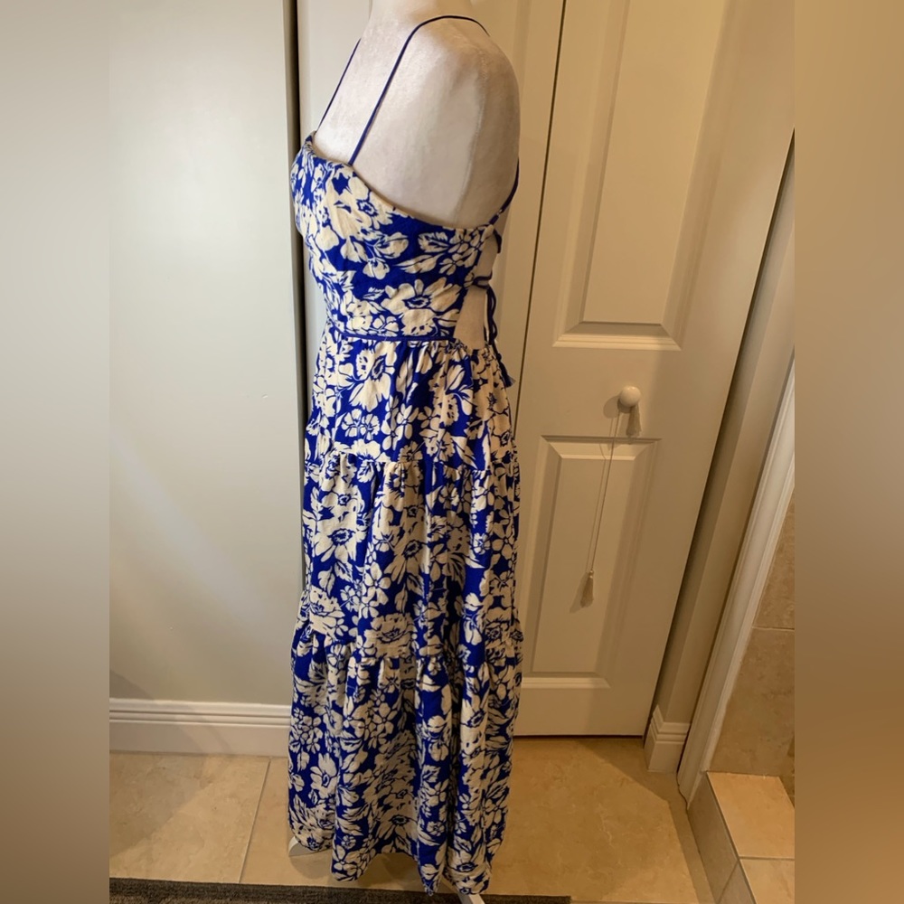 Aakaa Tied Up Boat Neck Floral Print Tiered Pleated A-line Backless Dress - Picture 4 of 8